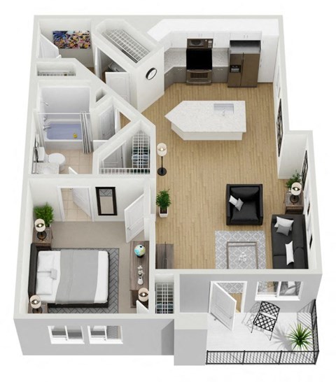 Floor plan for 1 bed, 1 bath, 754 sqft